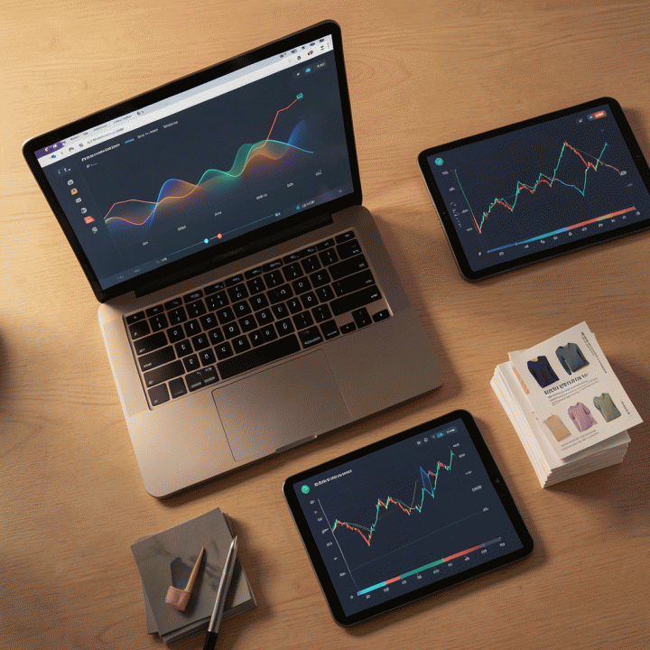 Tata letak meja kerja modern dengan laptop dan tablet yang menampilkan dashboard analitik data di samping produk-produk e-commerce fisik, melambangkan strategi bisnis berbasis data.