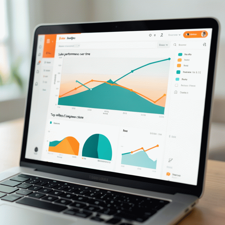 Layar laptop yang menampilkan dashboard analisis performa toko online dengan grafik tren penjualan dan kategori terlaris, menunjukkan panduan visual untuk peningkatan bisnis.