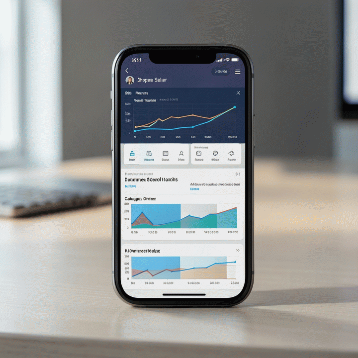 Smartphone displaying a detailed e-commerce sales analytics dashboard for Shopee Seller optimization.