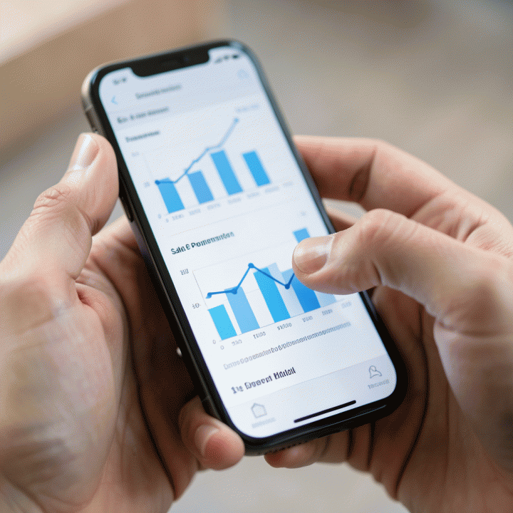 Hands interacting with a mobile app showing sales performance charts and optimization data.