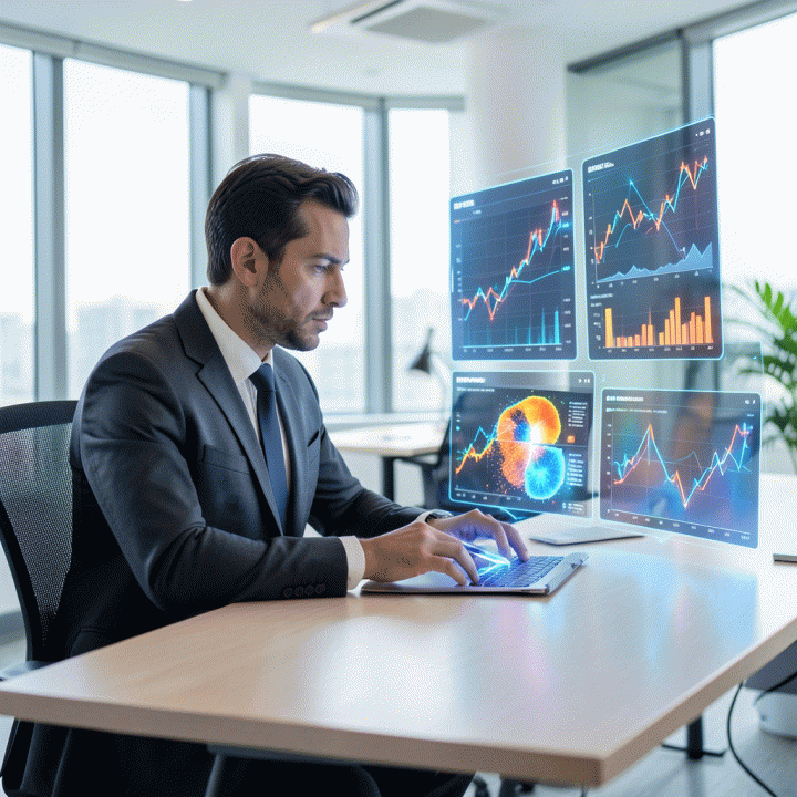 Seorang profesional di meja kerja futuristik menganalisis data kompetitor secara intens menggunakan proyeksi visualisasi holografik yang menampilkan pola dan celah peluang pasar (market gaps).