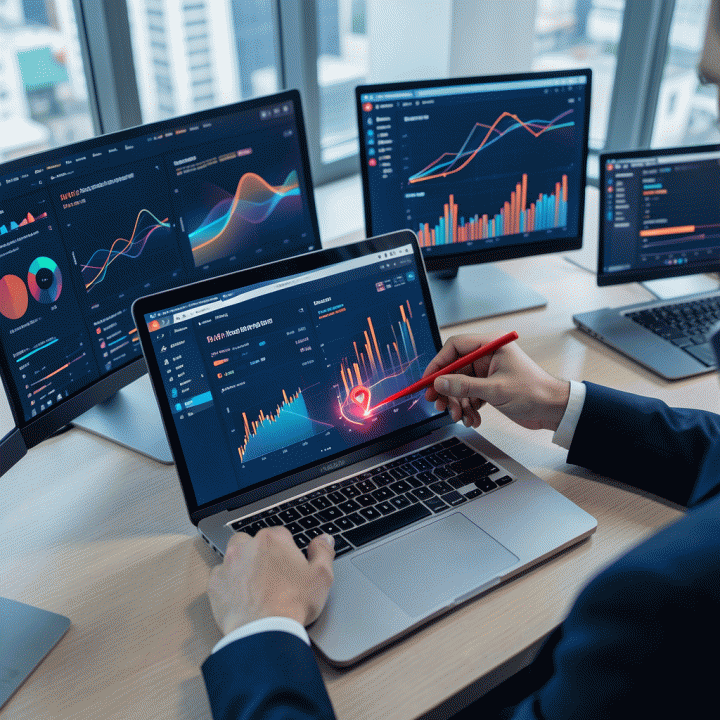 Ilustrasi sinematik seorang profesional yang menemukan celah pasar di tengah data kompleks menggunakan dashboard analisis iklan di laptop modern.