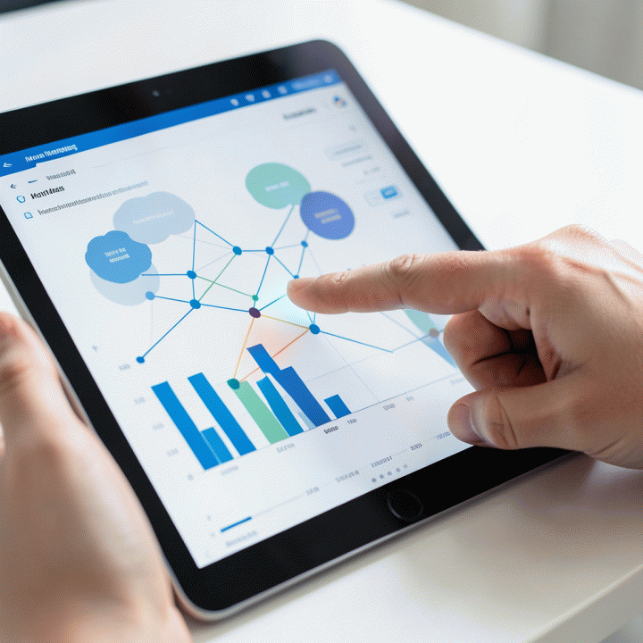 Detail tangan menggunakan tablet untuk menemukan celah data atau insight pasar di dashboard analitik.