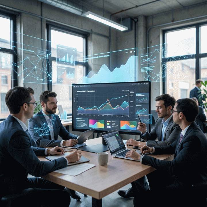 Tim pemasaran digital yang sedang menganalisis data iklan kompetitor di ruang kerja modern, menggunakan visualisasi data holografik untuk menemukan strategi bisnis baru.