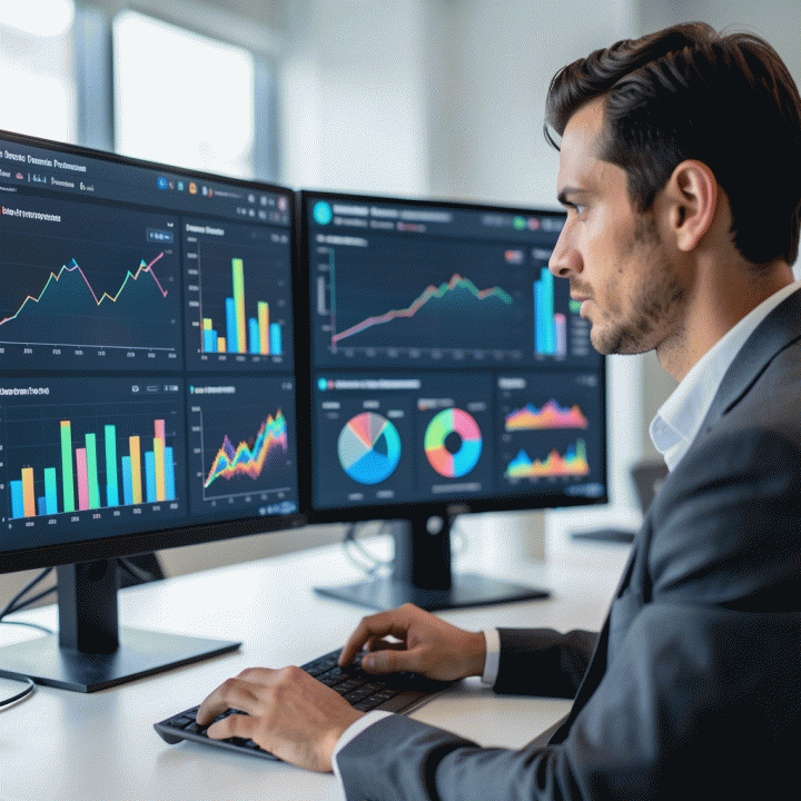 Seorang profesional sedang menganalisis dashboard digital yang kompleks, membandingkan tren data iklan kompetitor untuk menemukan peluang pasar.