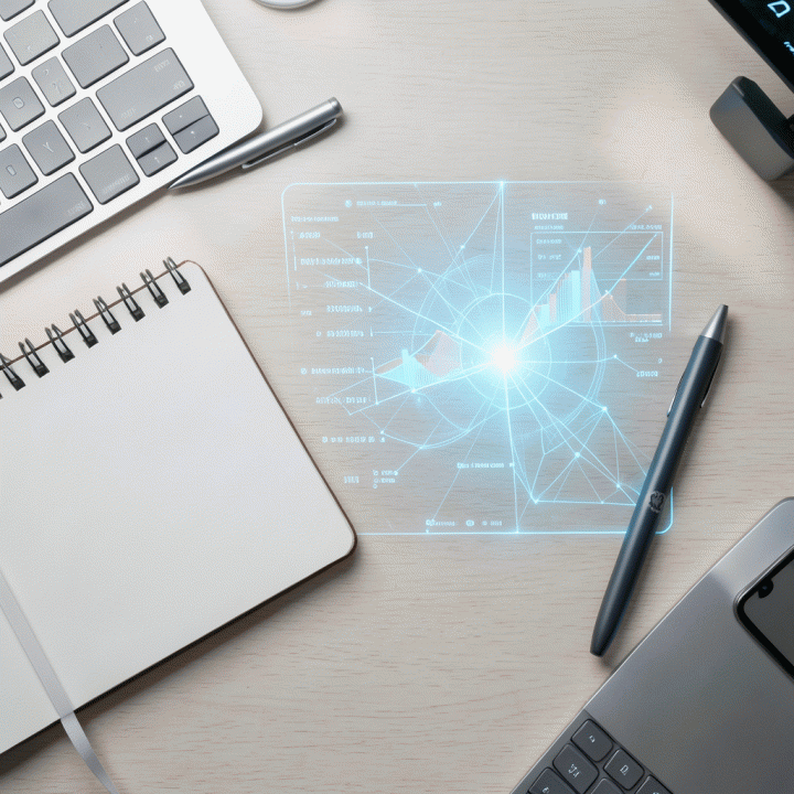 Komposisi datar modern menunjukkan analisis kinerja iklan dengan visualisasi holografik yang membandingkan dua set data kampanye.