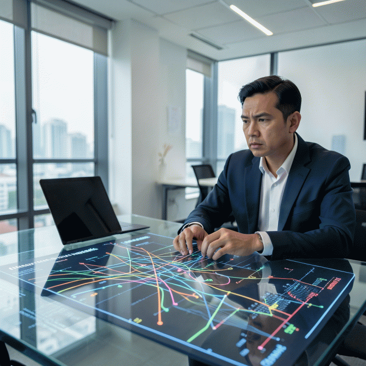 Seorang manajer pemasaran digital menganalisis visualisasi data kompetitif yang rumit dan bercahaya di atas meja kaca, menunjukkan momen penemuan strategi yang jernih.