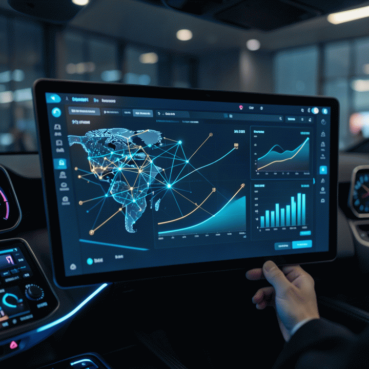 Tampilan dashboard data iklan digital yang canggih, menampilkan visualisasi pertumbuhan, tren pasar global, dan analisis kompleks dalam nuansa biru dan emas.