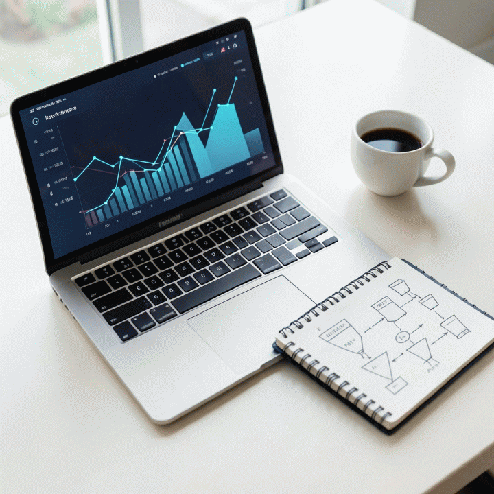 Tampilan flat lay meja kerja modern berisi laptop dengan dashboard data abstrak, menunjukkan proses perencanaan dan analisis pemasaran.
