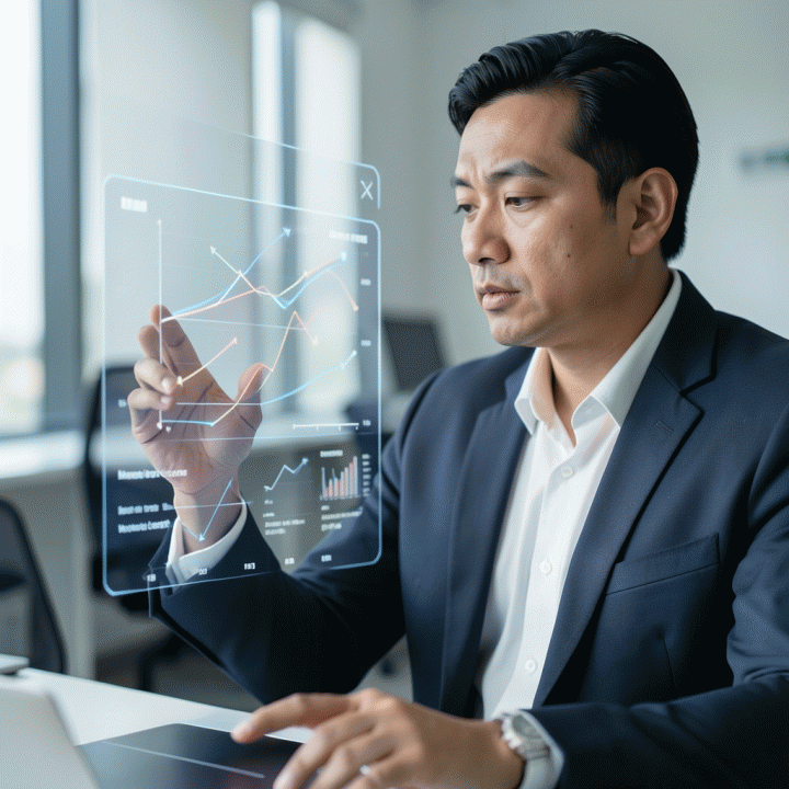Manajer pemasaran profesional yang menggunakan antarmuka data holografik futuristik untuk mendapatkan wawasan kompetitif yang jelas.