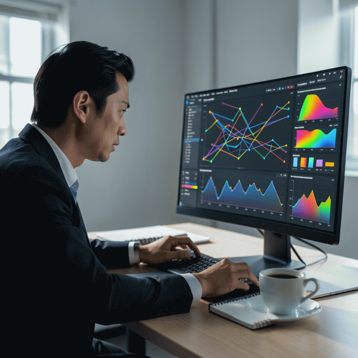 Digital marketing manager yang menganalisis data visualisasi kompleks di layar monitor, menunjukkan momen penemuan insight strategis.