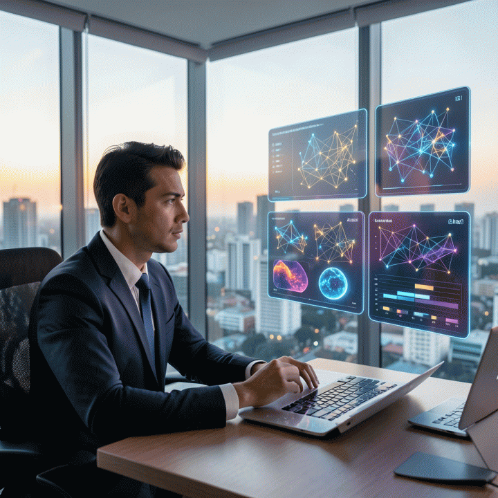 Seorang analis pemasaran digital profesional sedang menganalisis visualisasi data kompetitor yang kompleks secara abstrak di atas meja kerja modern, menunjukkan momen penemuan wawasan pasar yang signifikan.