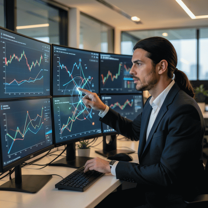 Seorang profesional pemasaran digital sedang menganalisis visualisasi data kompleks di monitor multi-layar, menunjukkan proses pengambilan keputusan strategis dari data.