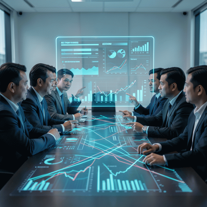 Tim profesional digital marketer Indonesia menganalisis data pasar yang kompleks pada proyeksi hologram di ruang pertemuan modern, menunjukkan kolaborasi strategi iklan yang efektif.