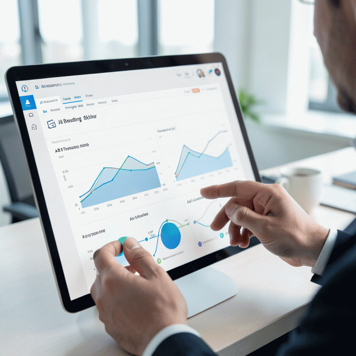 Tangan seorang profesional menunjuk pada dashboard aplikasi data marketing yang menunjukkan perbandingan hasil A/B testing yang jelas dan actionable.