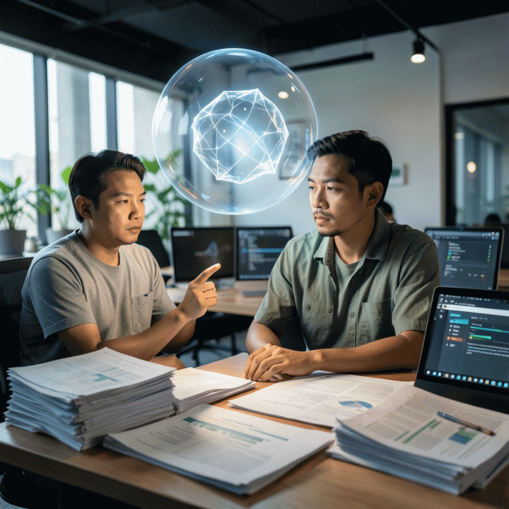 Konsep visualisasi mengatasi data overload menjadi insight strategis yang jelas di meja kerja modern.