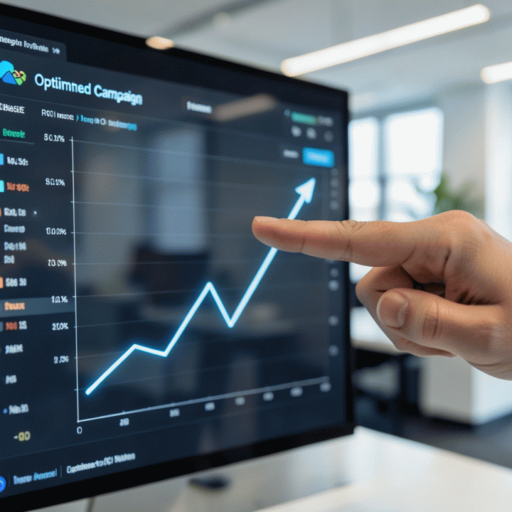 Grafik peningkatan ROI yang jelas pada dashboard analisis iklan, menunjukkan peningkatan performa yang signifikan.