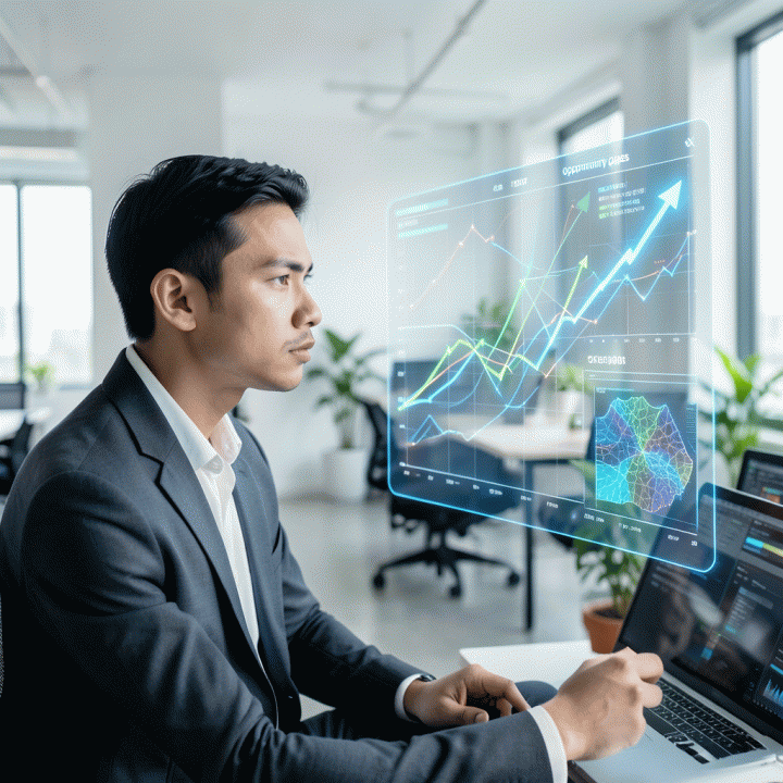 Seorang manajer pemasaran profesional di ruang kerja modern menganalisis data tren iklan 2026 yang kompleks dan transformatif pada dashboard holografik, menunjukkan strategi pemasaran unggulan.