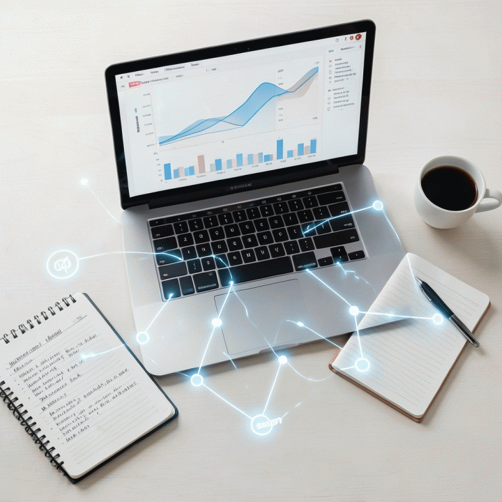 Tampilan meja kerja modern yang menunjukkan proses menganalisis data menjadi strategi pemasaran yang konkret dan terstruktur.