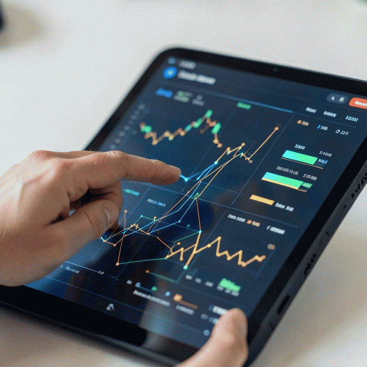 Tangan seorang profesional berinteraksi dengan dashboard data abstrak di tablet, menyoroti celah peluang kompetitor dalam tren pasar.