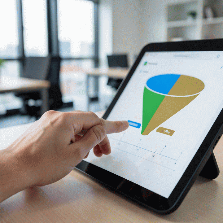 Visualisasi dashboard digital yang menunjukkan pelacakan tahapan lamaran kerja (funnel) secara abstrak dan mudah dipahami.