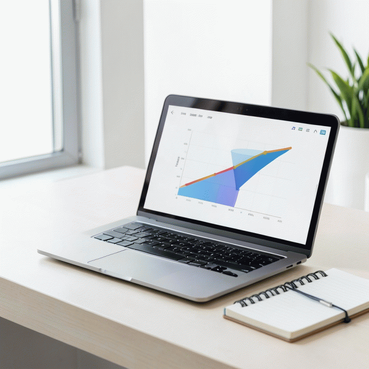Meja kerja profesional yang rapi dengan laptop menampilkan grafik peningkatan efisiensi dan pelacakan karir.