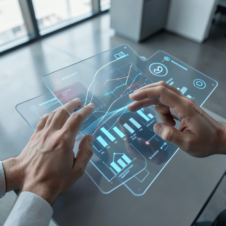 Tangan yang berinteraksi dengan layar sentuh futuristik, membandingkan dan menyaring data kompetitor untuk mendapatkan insight strategis.