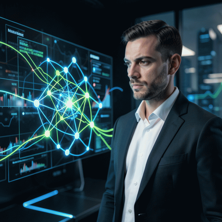 Seorang profesional pemasaran digital menatap visualisasi data pasar holografik yang kompleks, yang menunjukkan celah kompetitif yang jelas dan strategi yang terukur.
