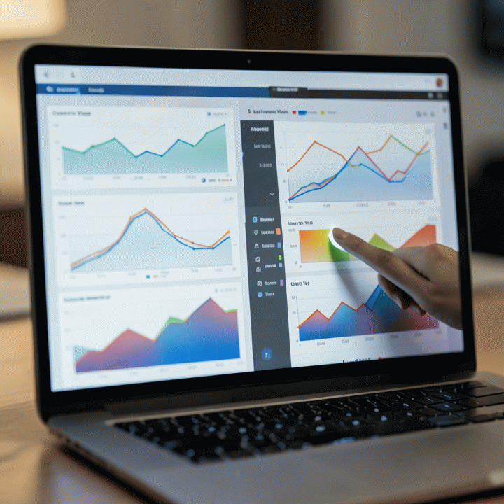 Tampilan dashboard laptop yang menampilkan analisis data kompetitor yang kompleks, menyoroti celah pasar yang potensial.