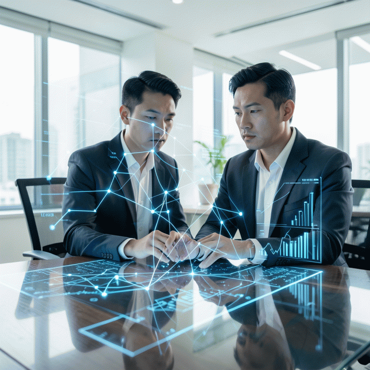 Seorang analis pemasaran digital sedang menganalisis data pasar kompleks yang diproyeksikan secara futuristik, menunjukkan identifikasi celah kompetitor dan strategi bisnis yang terukur.
