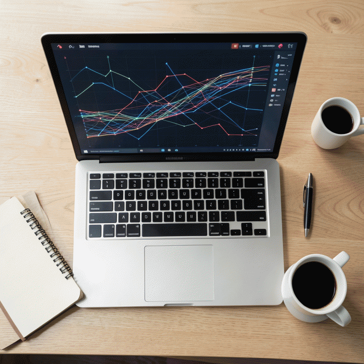 Meja kerja yang rapi dengan laptop menampilkan analisis data kompleks, melambangkan proses mengubah data mentah menjadi strategi.