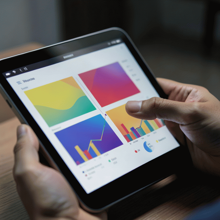 Tangan profesional sedang menggunakan tablet untuk memvisualisasikan celah kompetitor dalam dashboard data yang abstrak.