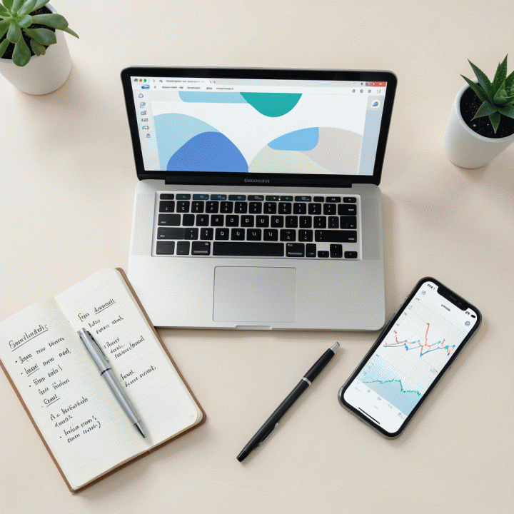 Tampilan atas (flat lay) yang memperlihatkan laptop, buku catatan, dan smartphone yang digunakan untuk analisis data bisnis e-commerce secara komprehensif.