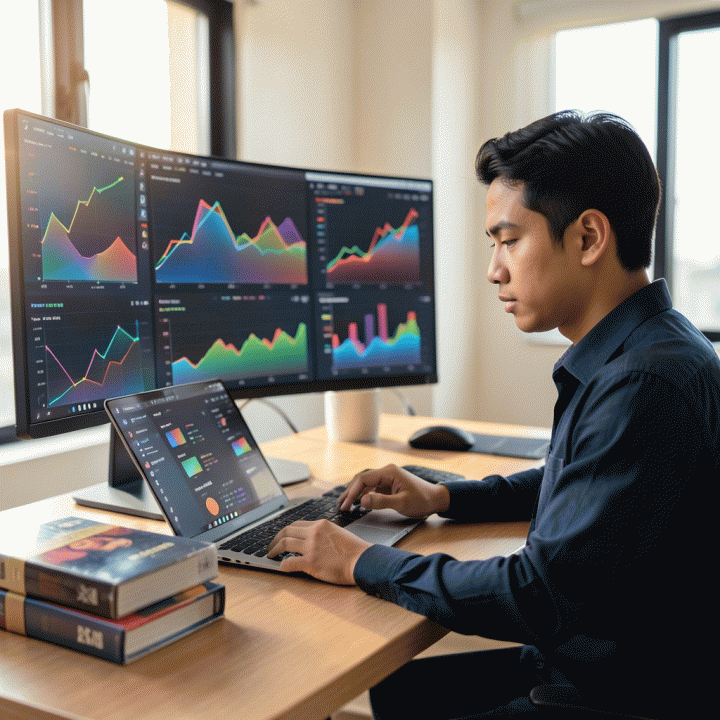 Seorang penjual e-commerce profesional Indonesia sedang menganalisis data analitik harga jual optimal di depan monitor multi-layar yang menampilkan grafik bisnis yang kompleks, menunjukkan strategi bisnis yang cerdas.