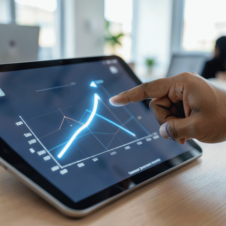 Tangan menunjuk ke grafik data visualisasi optimal harga jual pada tablet, menunjukkan peningkatan profit.