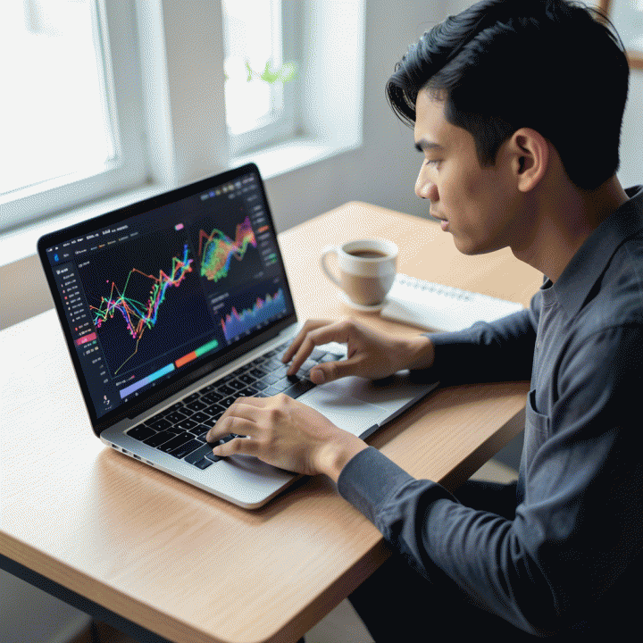 Seorang pengusaha muda Indonesia sedang menganalisis data penjualan e-commerce yang kompleks pada laptop, menunjukkan strategi bisnis yang cerdas dan optimasi harga.