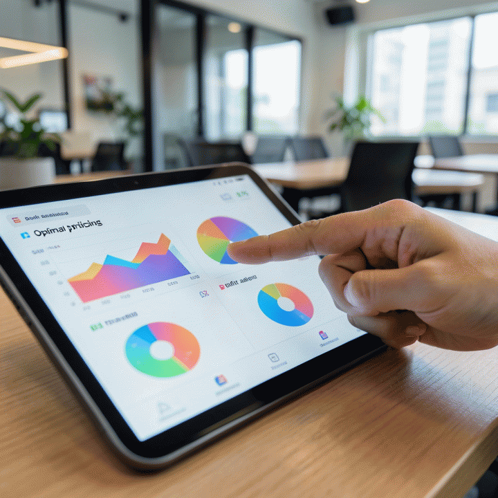Tangan menunjuk data analitik pada dashboard digital, menunjukkan titik harga optimal untuk memaksimalkan keuntungan.