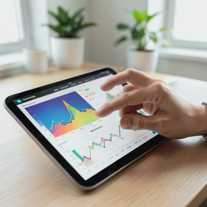 Tangan yang sedang menganalisis data harga dan tren kompetitor pada tablet.