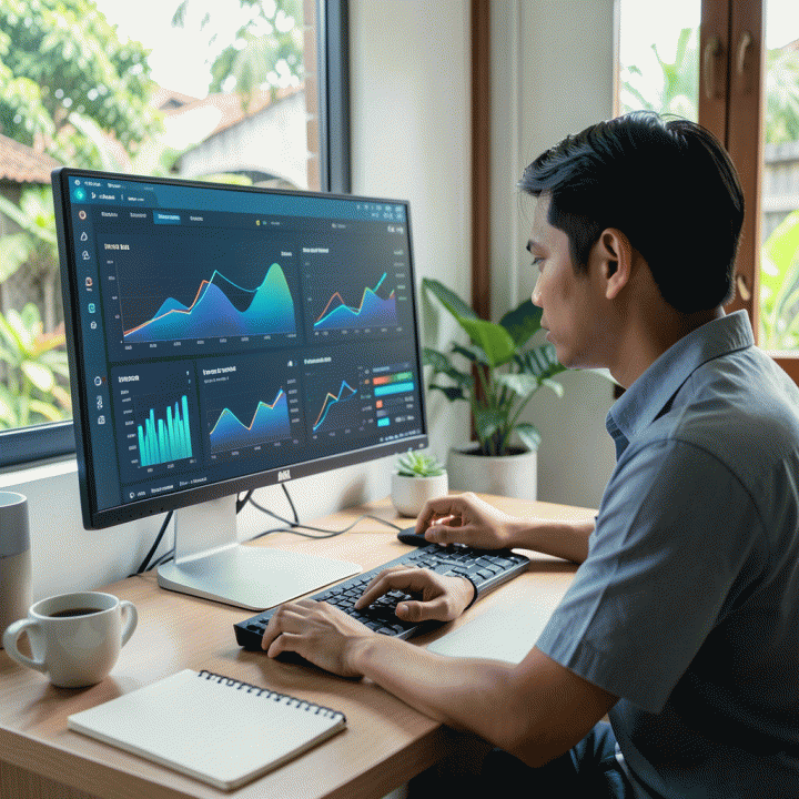 Seorang pemilik usaha kecil Indonesia menganalisis data kompetitor di monitor komputer modern untuk menentukan harga jual optimal di Shopee.