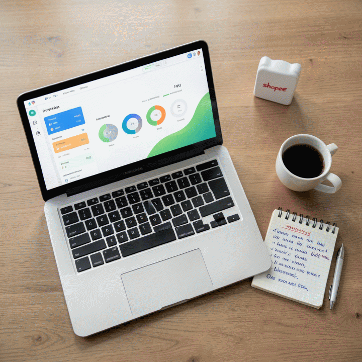 Meja kerja profesional dengan laptop dan alat bantu untuk perencanaan strategi bisnis e-commerce.