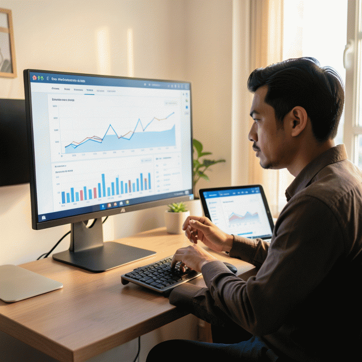 Seorang penjual e-commerce Indonesia yang fokus menganalisis data kompetitor dan harga jual optimal di ruang kerjanya yang modern.