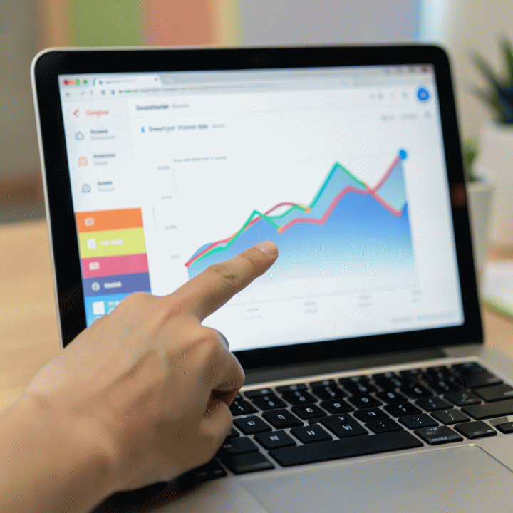 Tangan menunjuk pada visualisasi harga optimal pada layar laptop, merepresentasikan hasil analisis kompetitor.