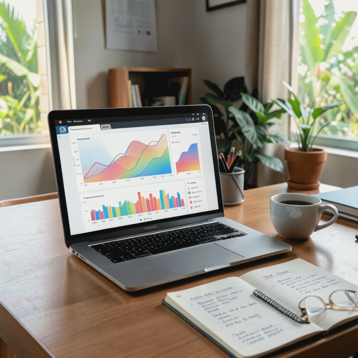 Tampilan meja kerja seorang penjual e-commerce di Indonesia yang modern, menampilkan laptop dengan visualisasi data analitik yang kompleks dan profesional, menunjukkan strategi bisnis yang optimal.