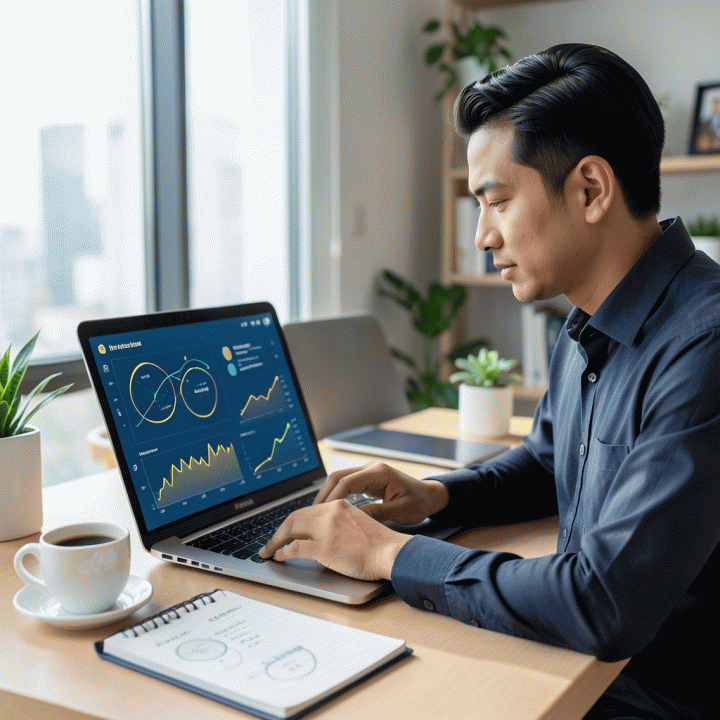 Seorang penjual e-commerce profesional Indonesia menganalisis data harga kompetitor di laptopnya, menunjukkan strategi bisnis yang optimal dan peningkatan keuntungan.