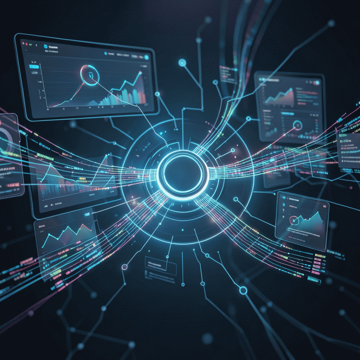 Visualisasi abstrak alat analitik bisnis yang menyajikan data mendalam untuk optimasi strategi penjualan.