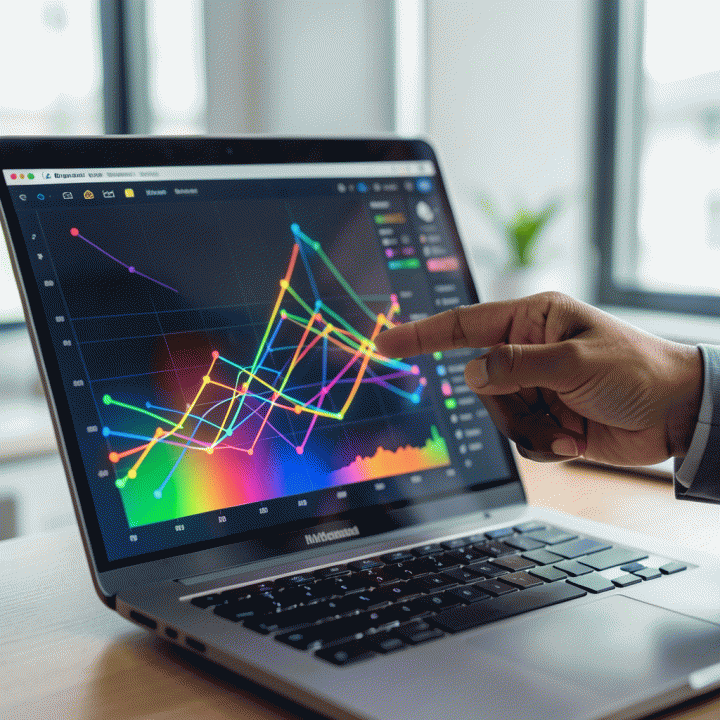 Tangan menunjuk pada visualisasi data dashboard yang kompleks dan abstrak di layar laptop, menunjukkan area pasar potensial.