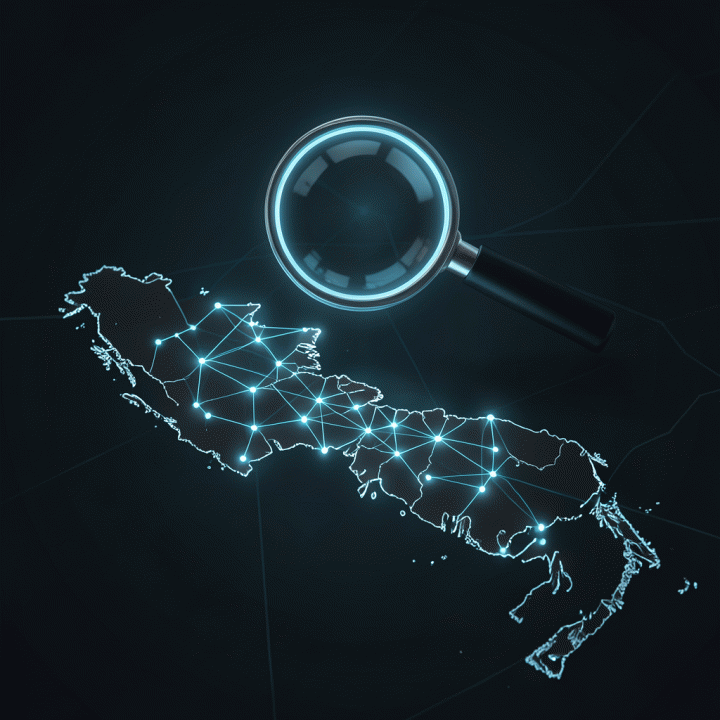 Visualisasi konsep pembesaran peta Indonesia yang abstrak, menunjukkan titik-titik koneksi dan potensi pasar yang belum terjamah.