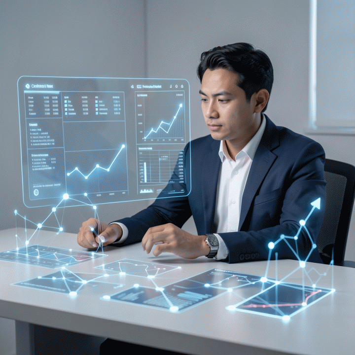 Seorang profesional muda Indonesia yang fokus menganalisis data konversi karir yang kompleks di meja kerja modern, dengan visualisasi data holografik yang menunjukkan peningkatan peluang kerja.