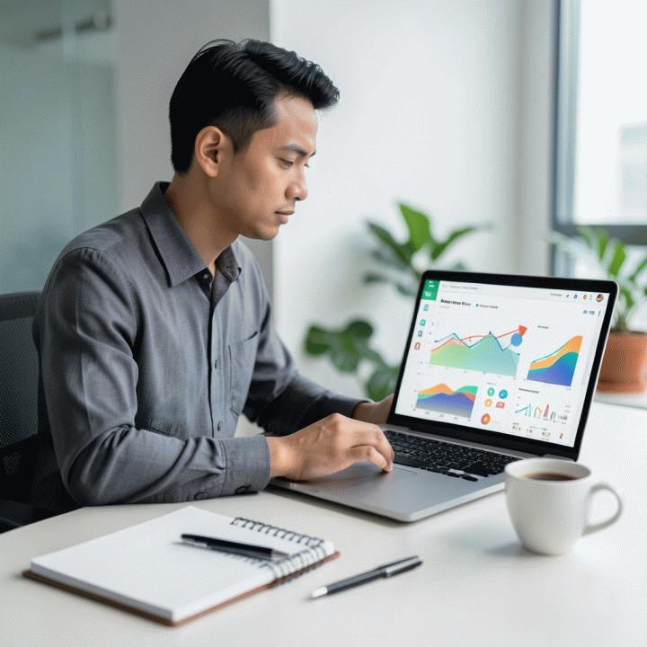 Seorang profesional muda Indonesia menganalisis data karir dan tren job board di laptop modern, menunjukkan fokus dan perencanaan karir yang strategis.