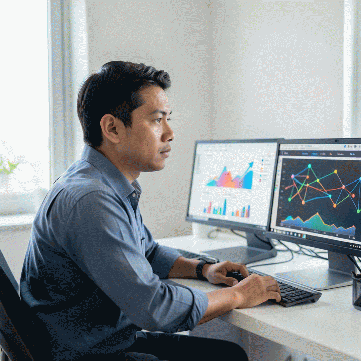 Seorang profesional muda Indonesia menganalisis tren dan data konversi karir di berbagai platform digital dari meja kerjanya yang modern.